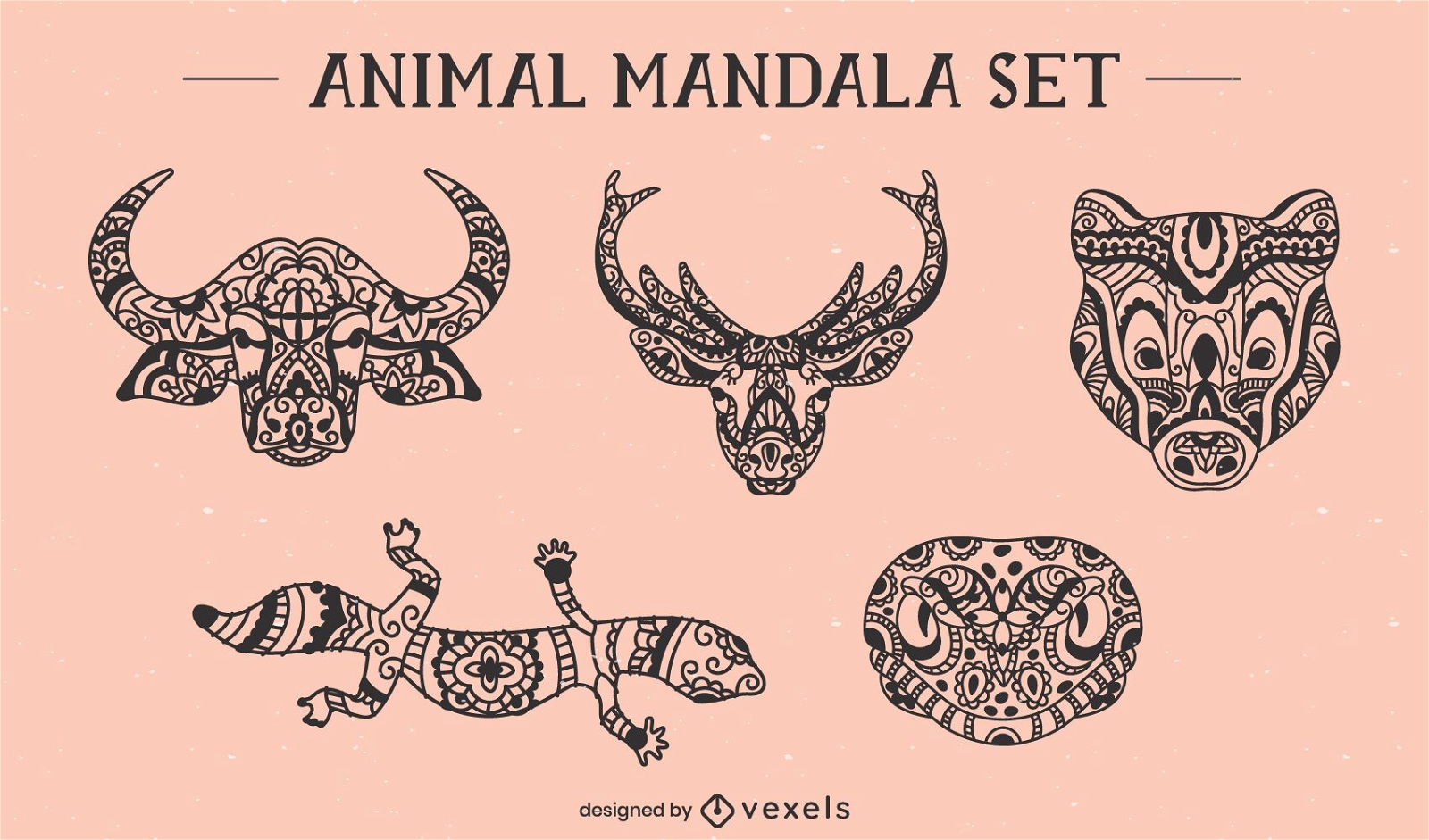 Tiergesichter frontales Mandala gesetzt