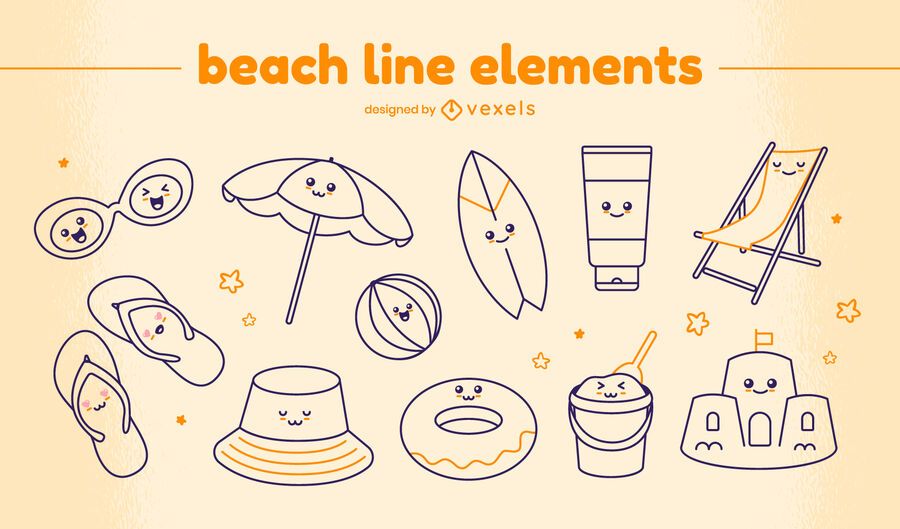 Kawaii beach line elements set Kawaii beach line elements set
