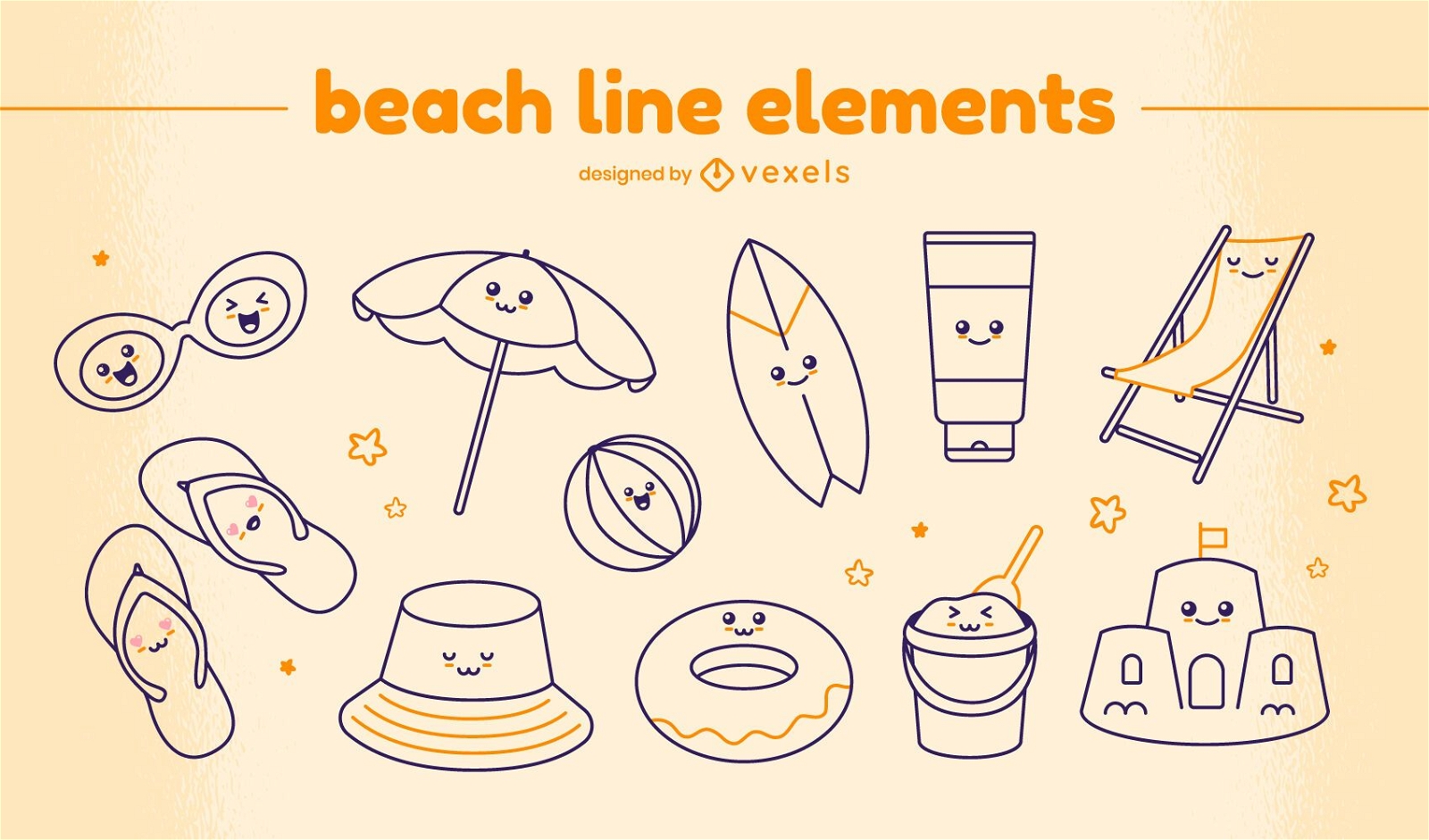 Conjunto de elementos da linha de praia Kawaii