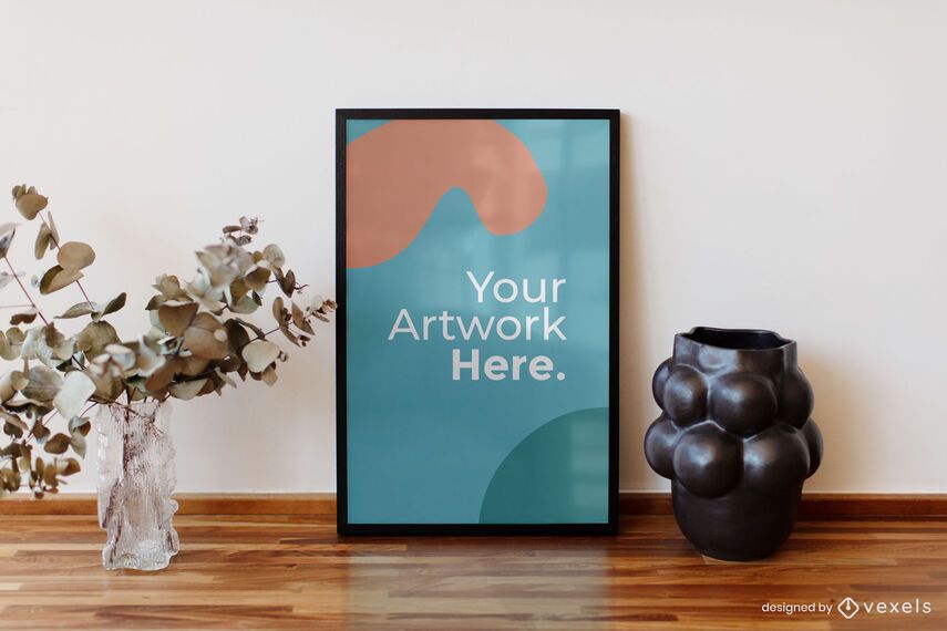 Wooden table decor artwork frame mockup Wooden table decor artwork frame mockup