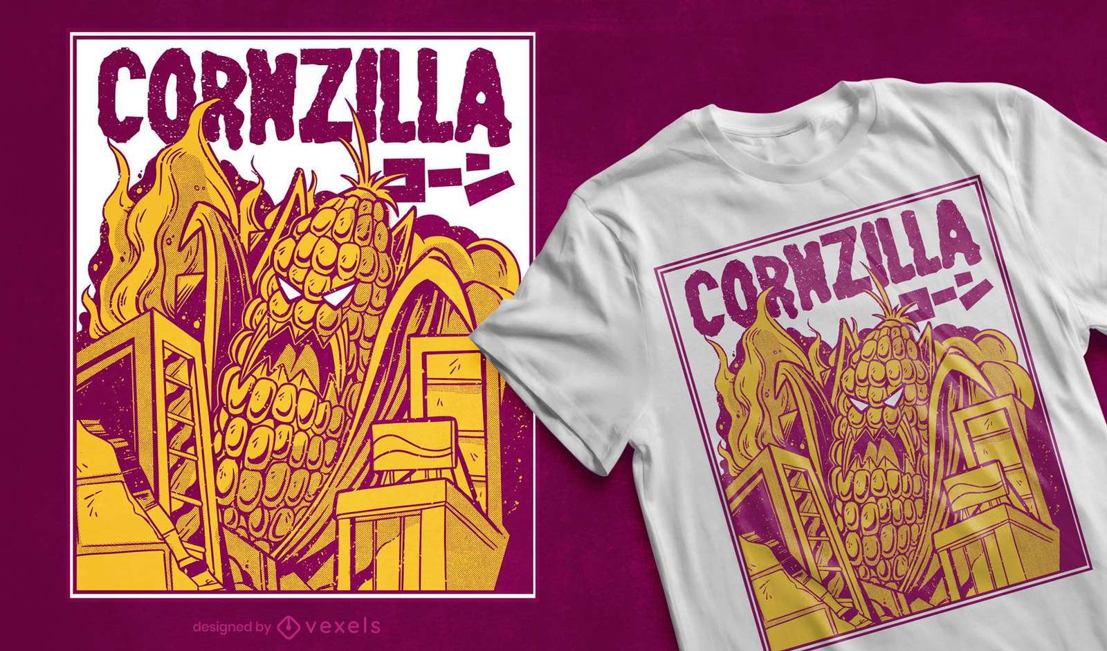 Diseño de camiseta de parodia de película Cornzilla