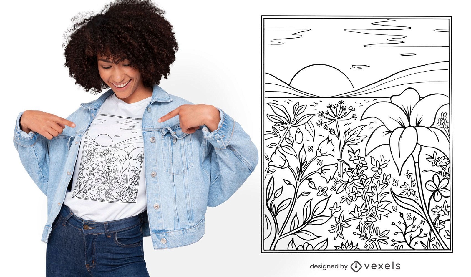 Design de t-shirt floral com arte em linha Meadow