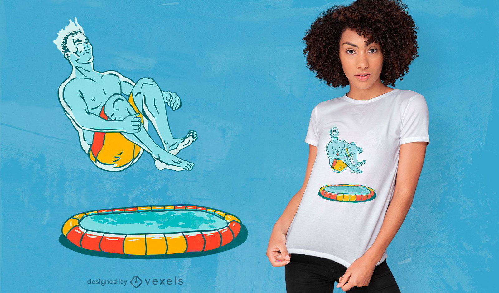 Design de t-shirt com ilustra??o de homem-bomba na piscina