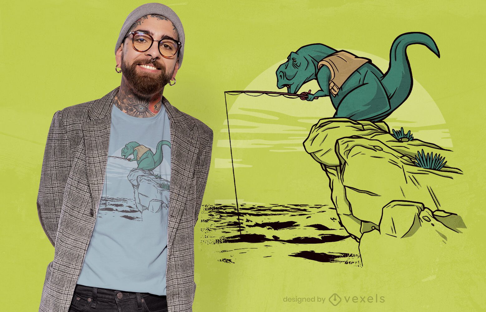 Design de t-shirt do penhasco de pesca T-rex