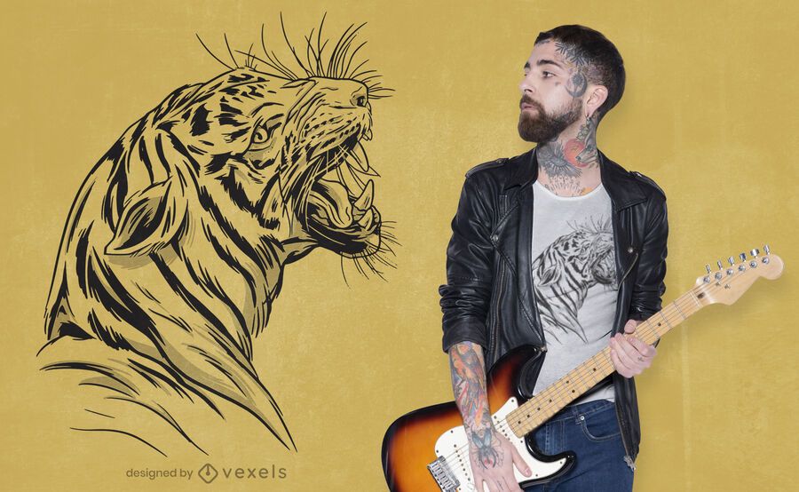 Diseño de camiseta dibujada a mano con cabeza de tigre enojado Diseño de camiseta dibujada a mano con cabeza de tigre enojado