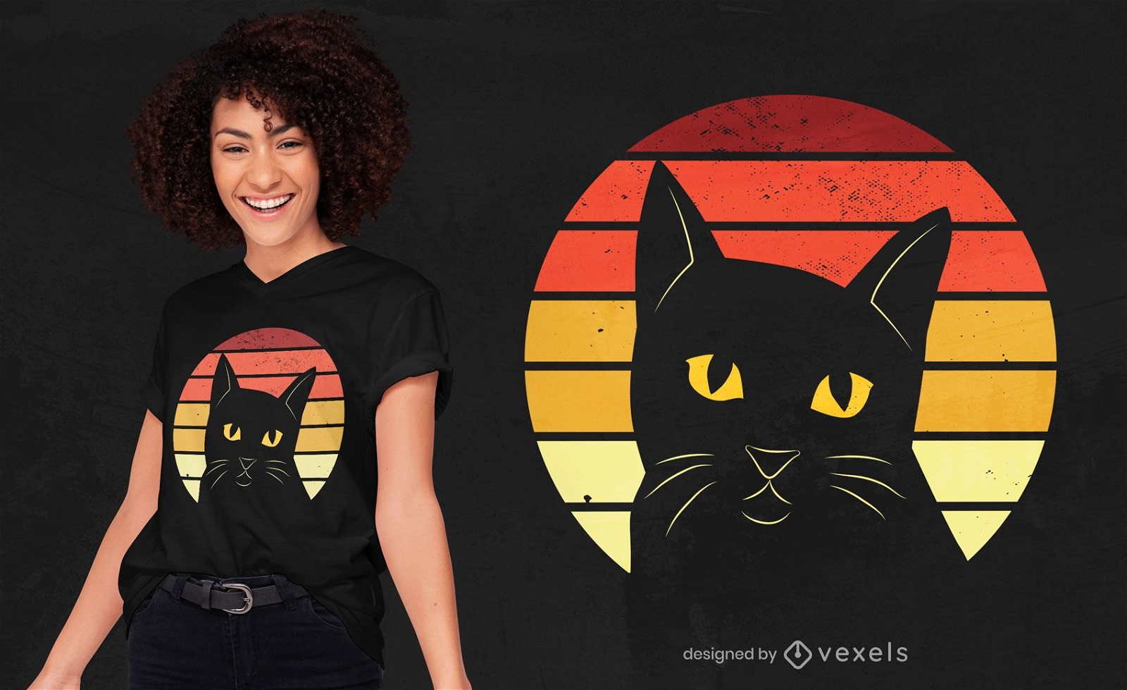 Retro-Sonnenuntergang-T-Shirt-Design der schwarzen Katze