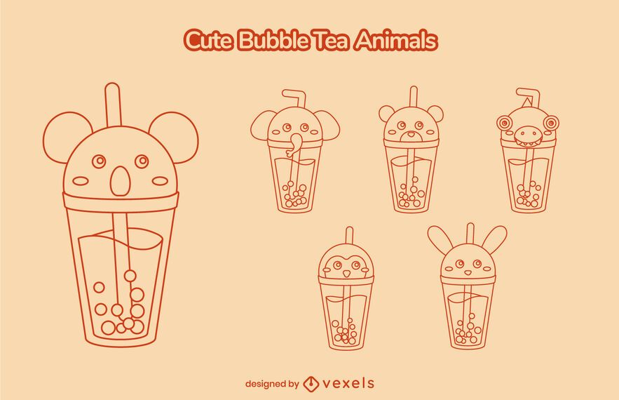Lindo juego de trazos de té de burbujas de animales Lindo juego de trazos de té de burbujas de animales