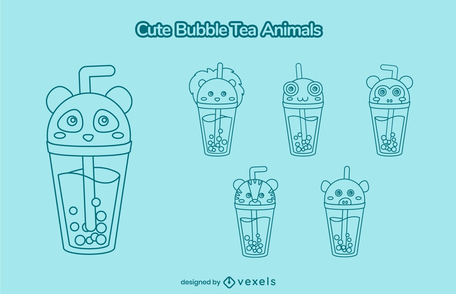 Cute bubble tea animal cup stroke set