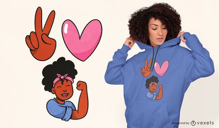 Diseño de camiseta de mujer negra de paz amor melanina. Diseño de camiseta de mujer negra de paz amor melanina.