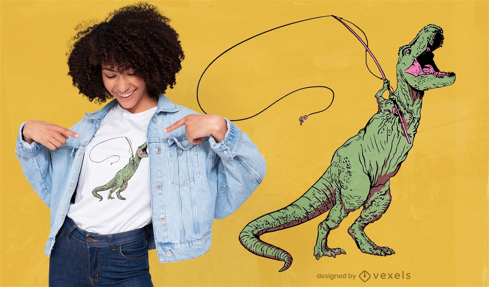 T-rex com design de t-shirt de vara de pescar