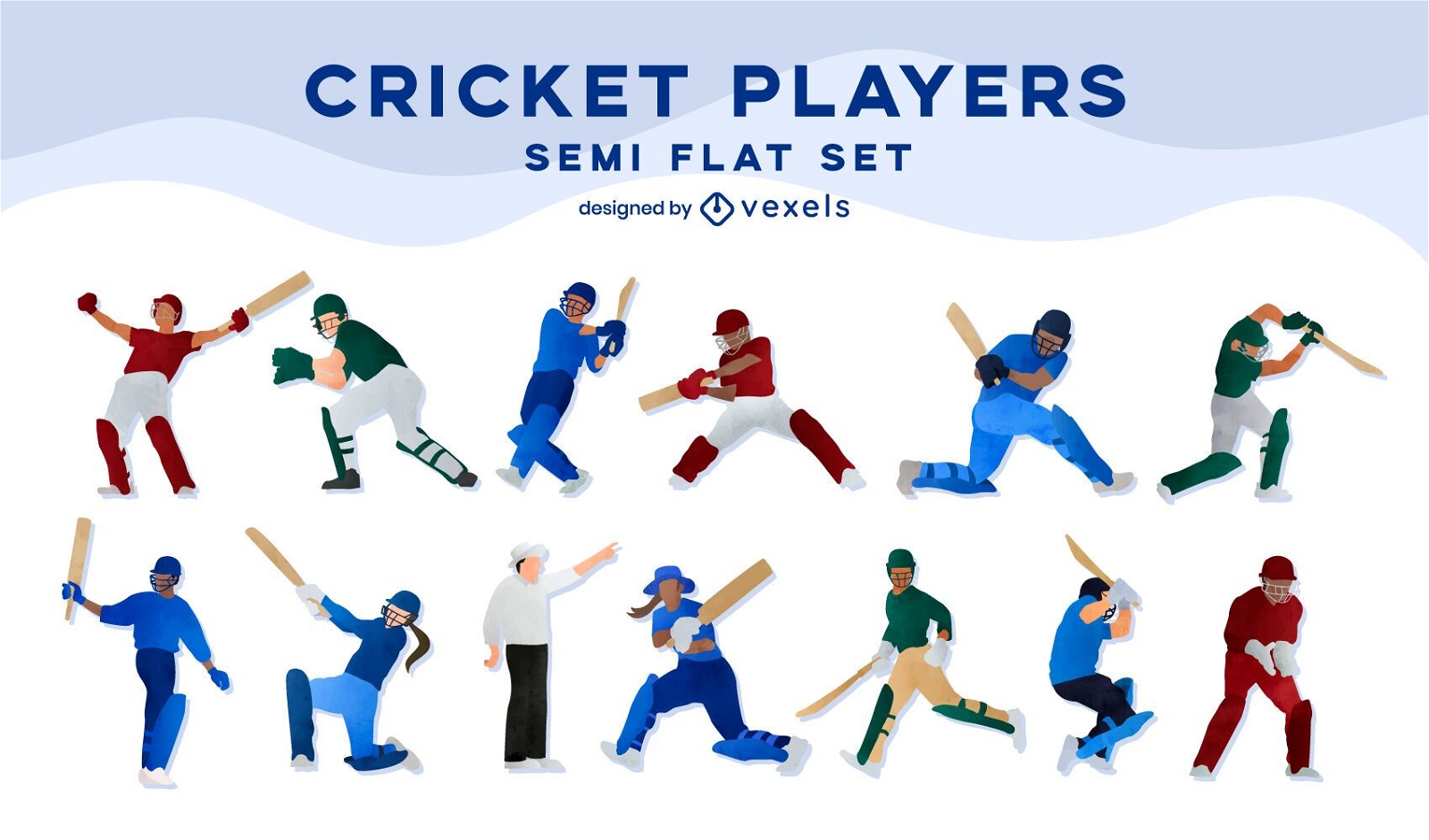 Conjunto plano de jogadores de críquete