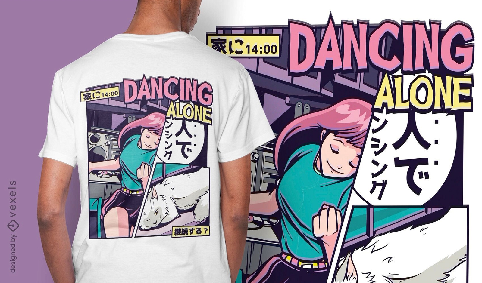 Design de camiseta anime dançando vaporwave