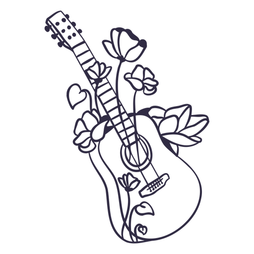 Folk guitar with stroke flowers PNG Design