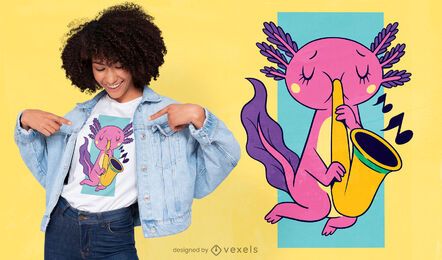 Diseño de camiseta de ajolote tocando el saxofón.