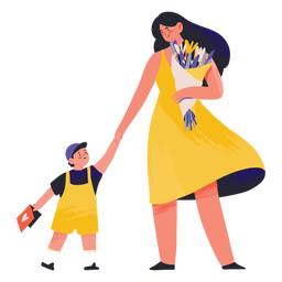 Mutter mit Blumen und Sohn halb flach PNG-Design Transparent PNG