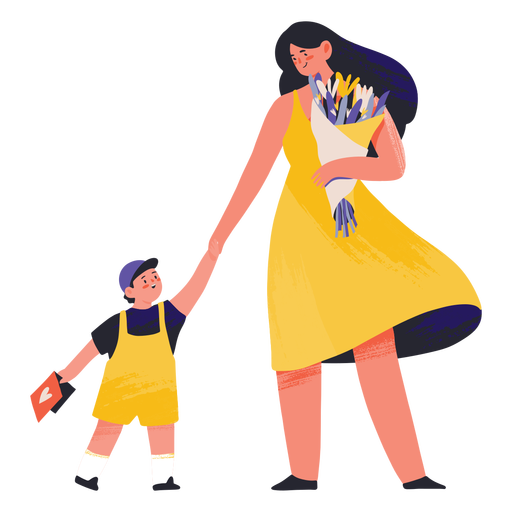 Mutter mit Blumen und Sohn halb flach PNG-Design