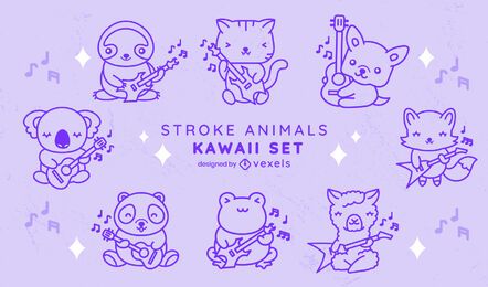 Conjunto de trazos de animales de guitarra kawaii