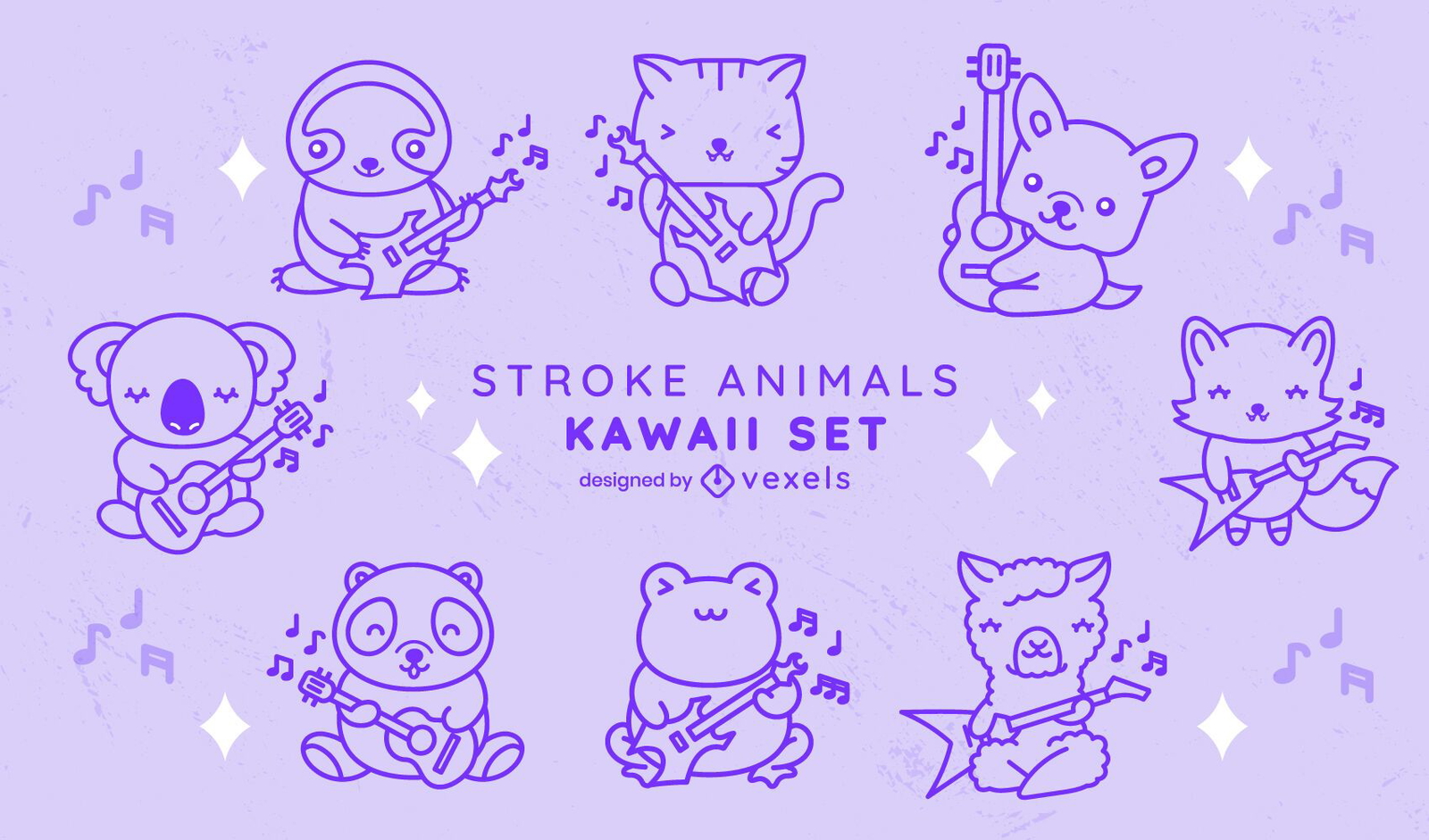 Conjunto de traços de animais de guitarra kawaii