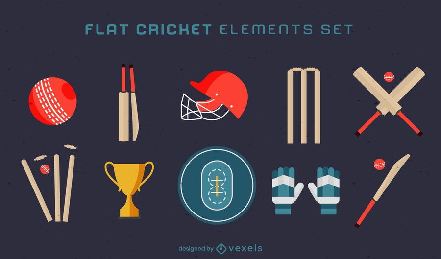 Conjunto de elementos de cricket planos Conjunto de elementos de cricket planos