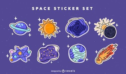 Conjunto de doodle colorido de adesivos de planetas espaciais