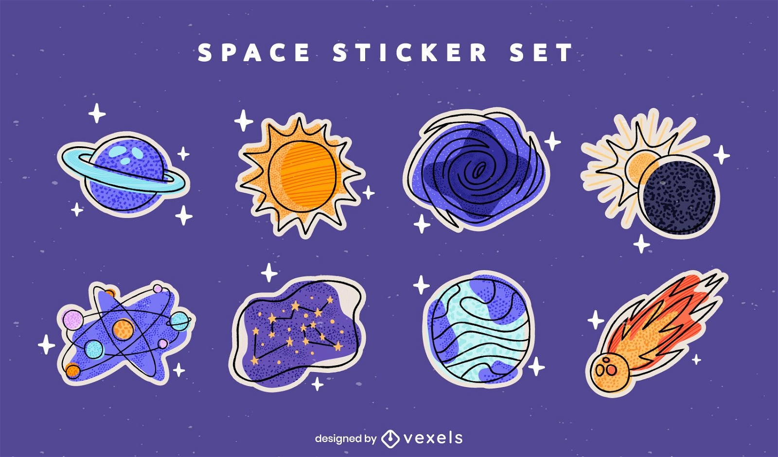 Conjunto de doodle colorido de adesivos de planetas espaciais