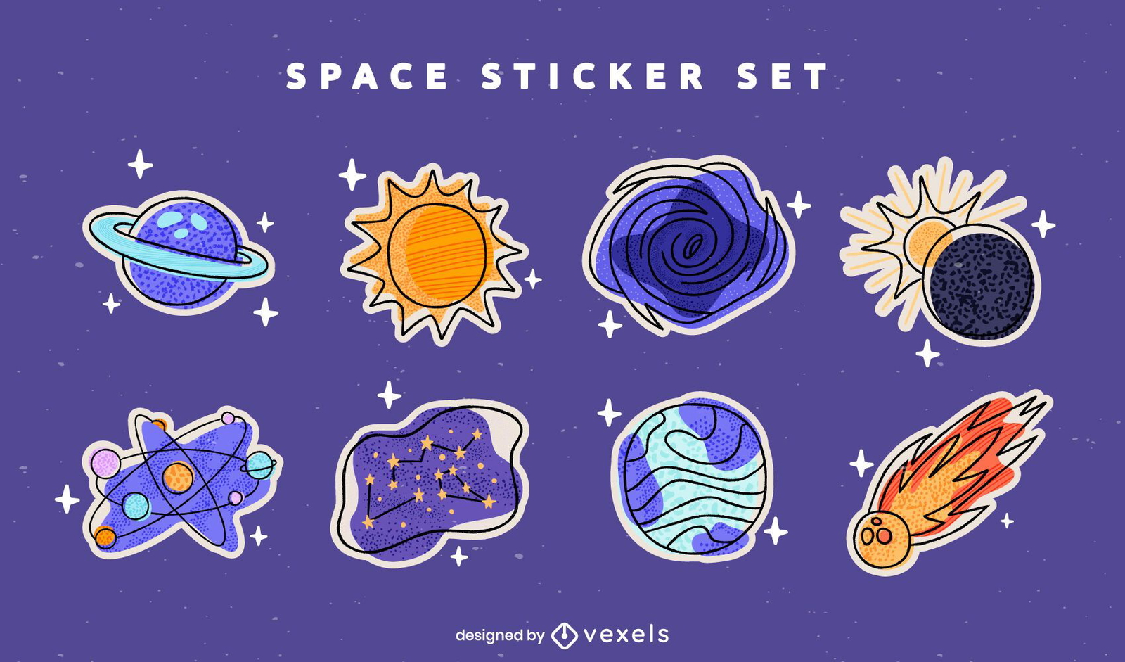 Space planets sticker colorful doodle set