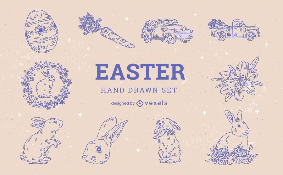 Easter holiday hand-drawn rabbit element set Easter holiday hand-drawn rabbit element set