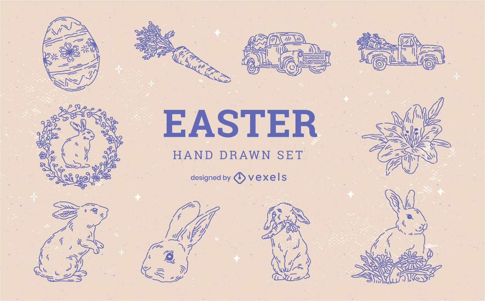 Conjunto de elementos de coelho desenhado à mão para o feriado da Páscoa