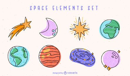 Conjunto de doodle de elementos coloridos de planetas espaciales