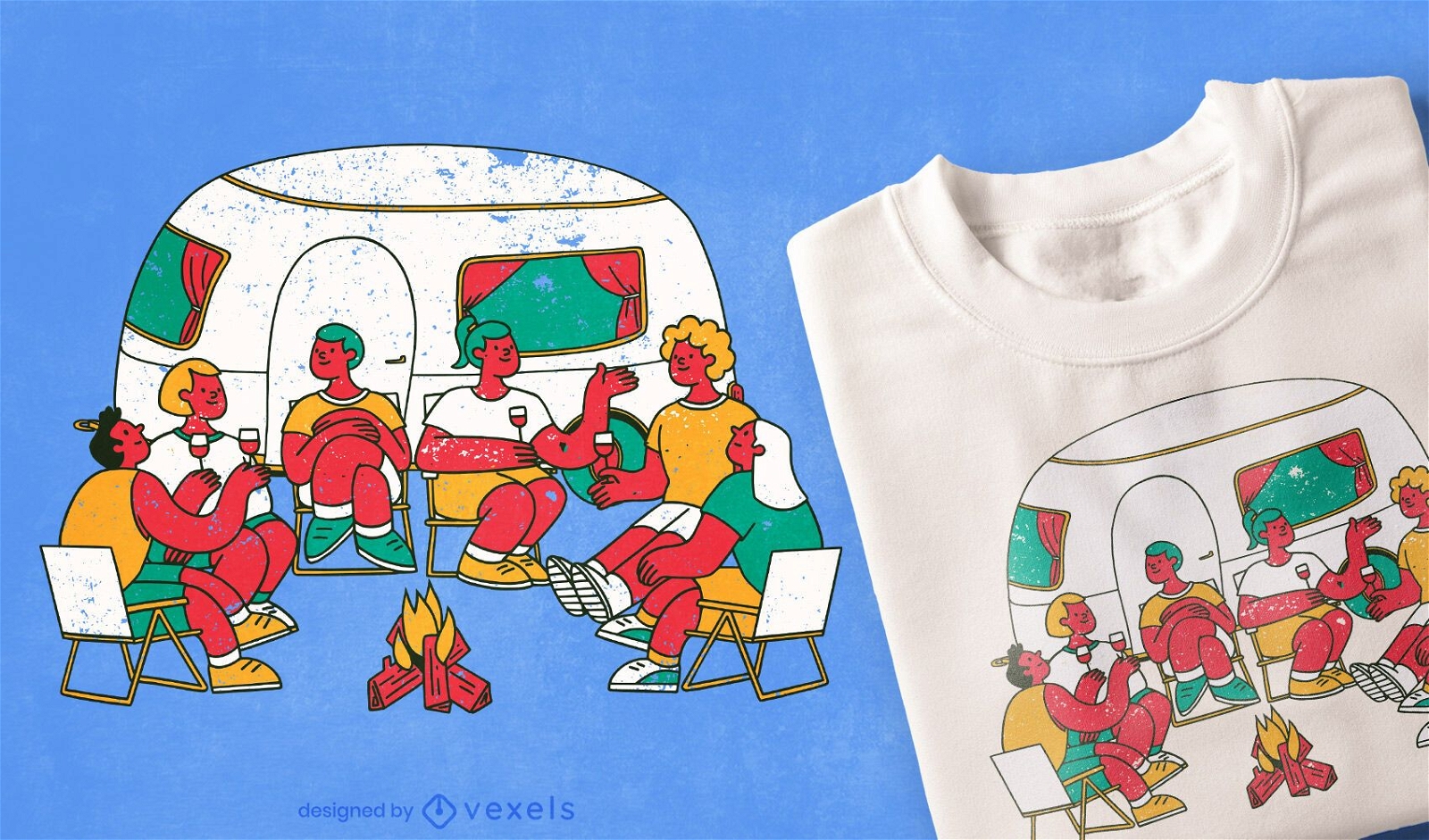 Diseño de camiseta de fogata de gente de camping.