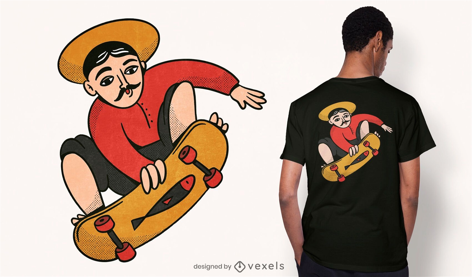 Design de camiseta de personagem de skatista pescador