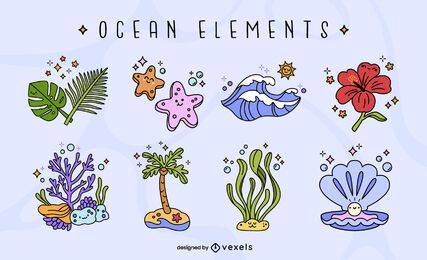 Conjunto de elementos de praia de verão fofo