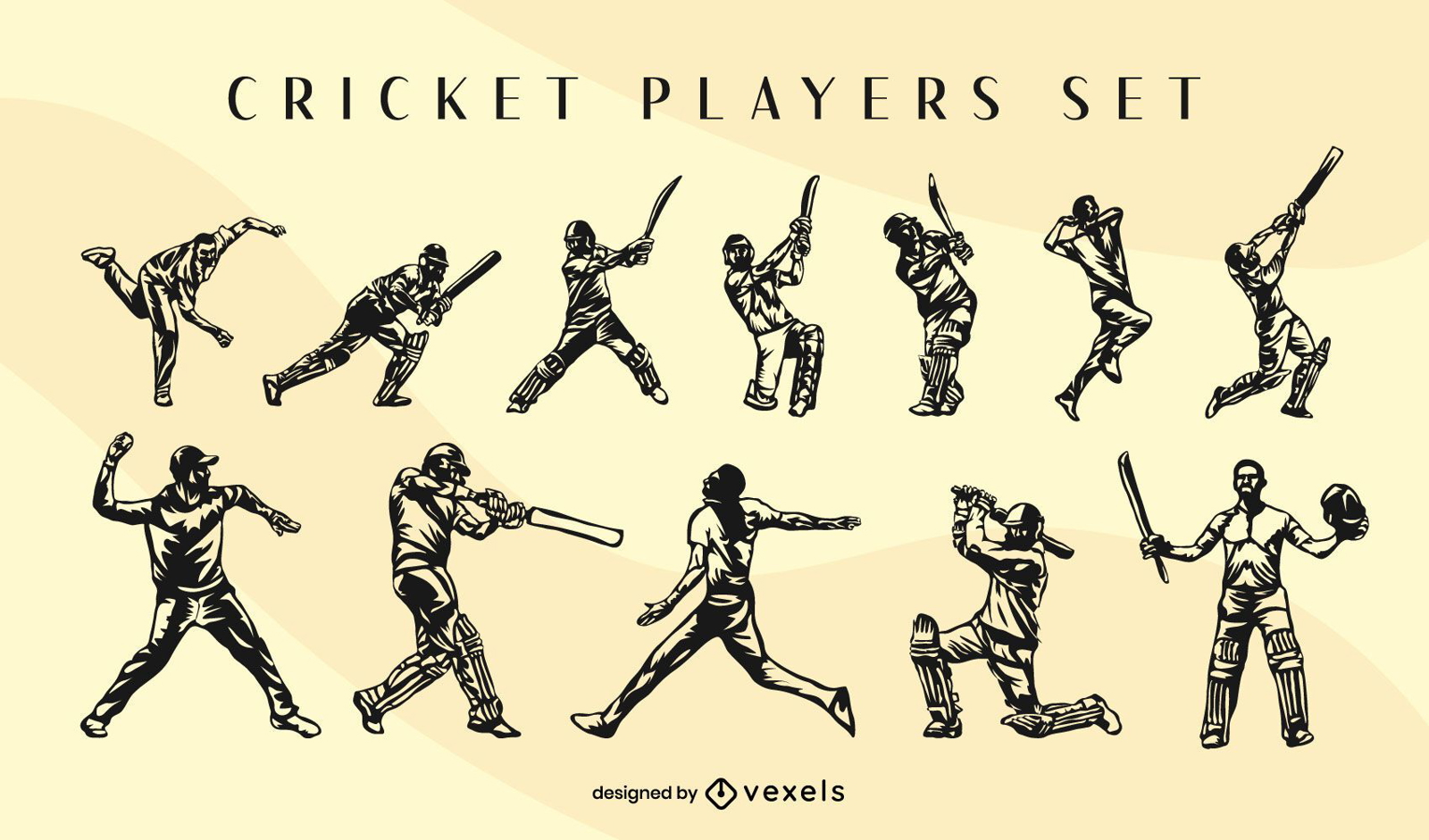 Conjunto de poses de jogadores de esporte de críquete