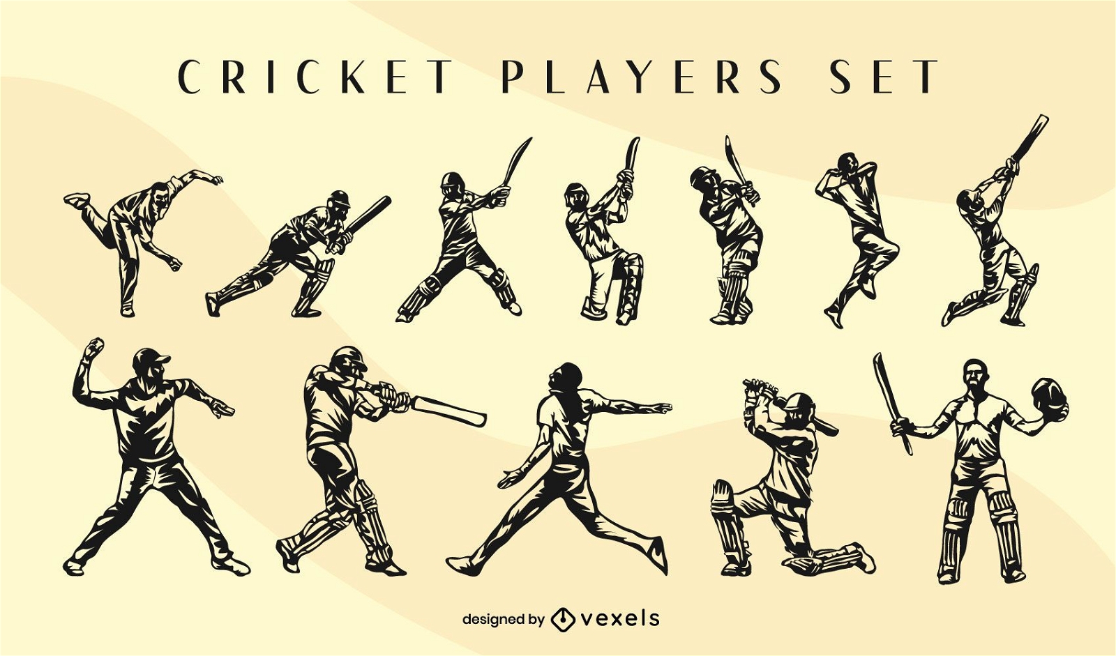 Conjunto de poses de jugadores de deporte de cricket