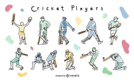 Conjunto de doodle de poses de jogadores de críquete