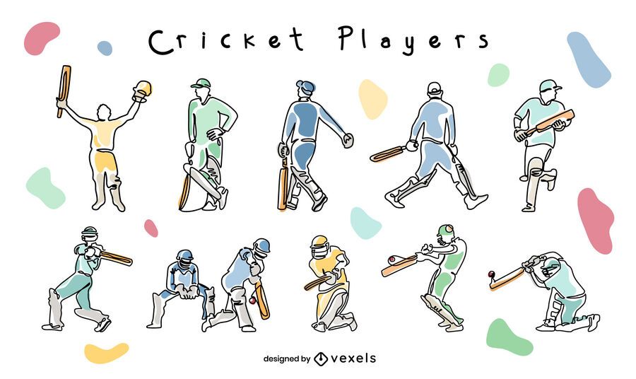 Jugadores De Deporte De Cricket Posan Conjunto De Doodle Descargar Vector