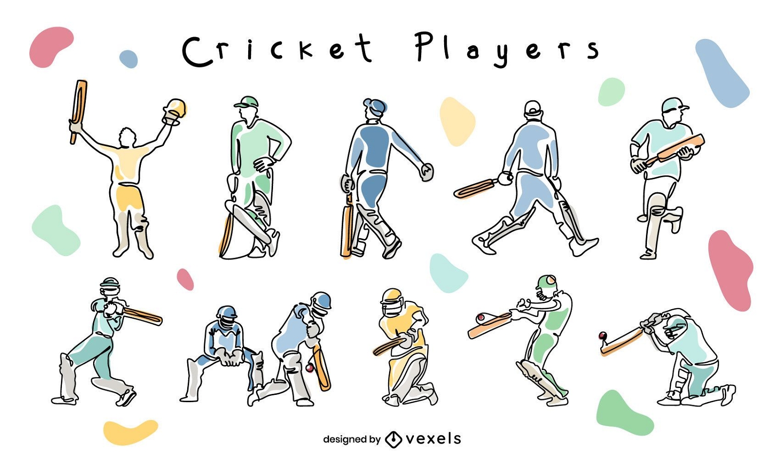 Conjunto de doodle de poses de jogadores de críquete