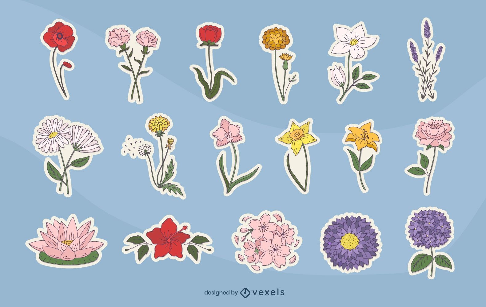 Conjunto de pegatinas de colores de flores de primavera