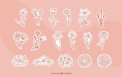 Conjunto de adesivos de arte em linha de flores de primavera
