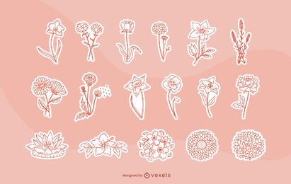 Spring Flower Line Art Sticker Set Vector Download