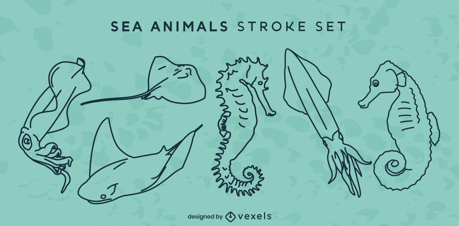 Sea animals ocean line art set