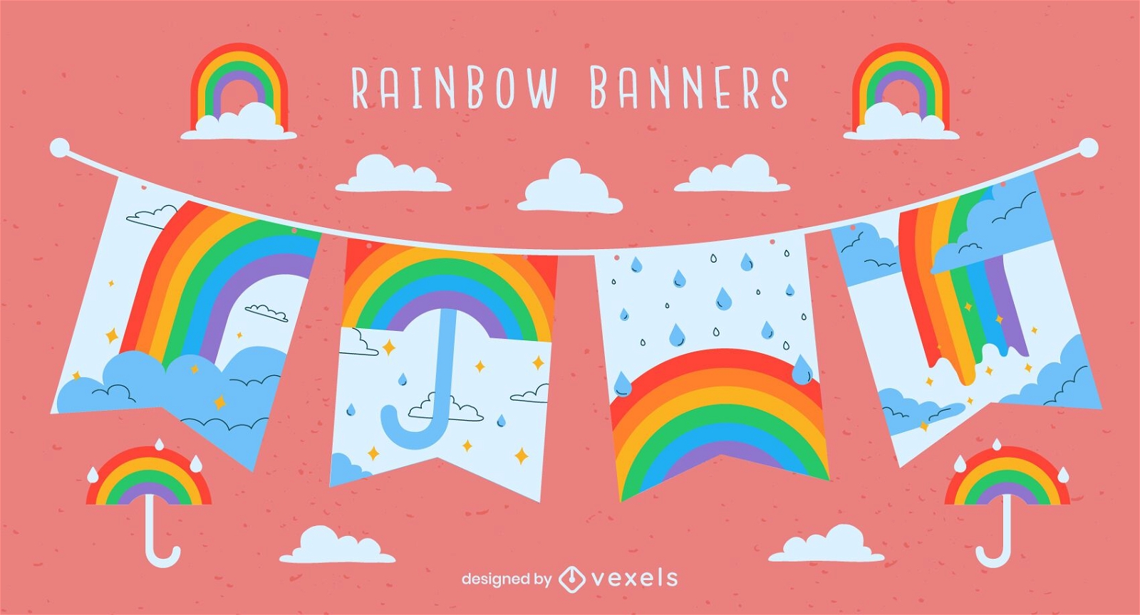 Arco iris lloviendo colorido conjunto de banners