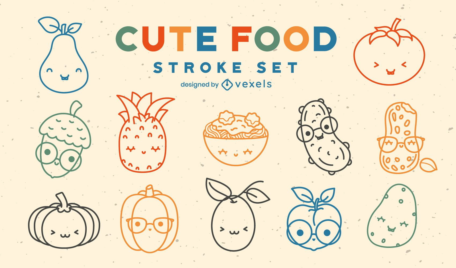 Kawaii food ingredients line art set