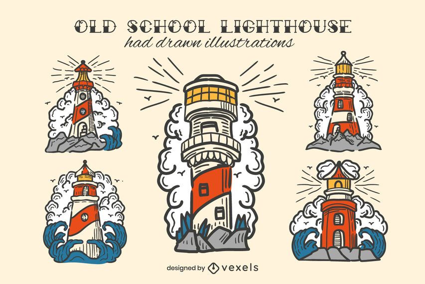 Lighthouse vintage hand-drawn color set Lighthouse vintage hand-drawn color set