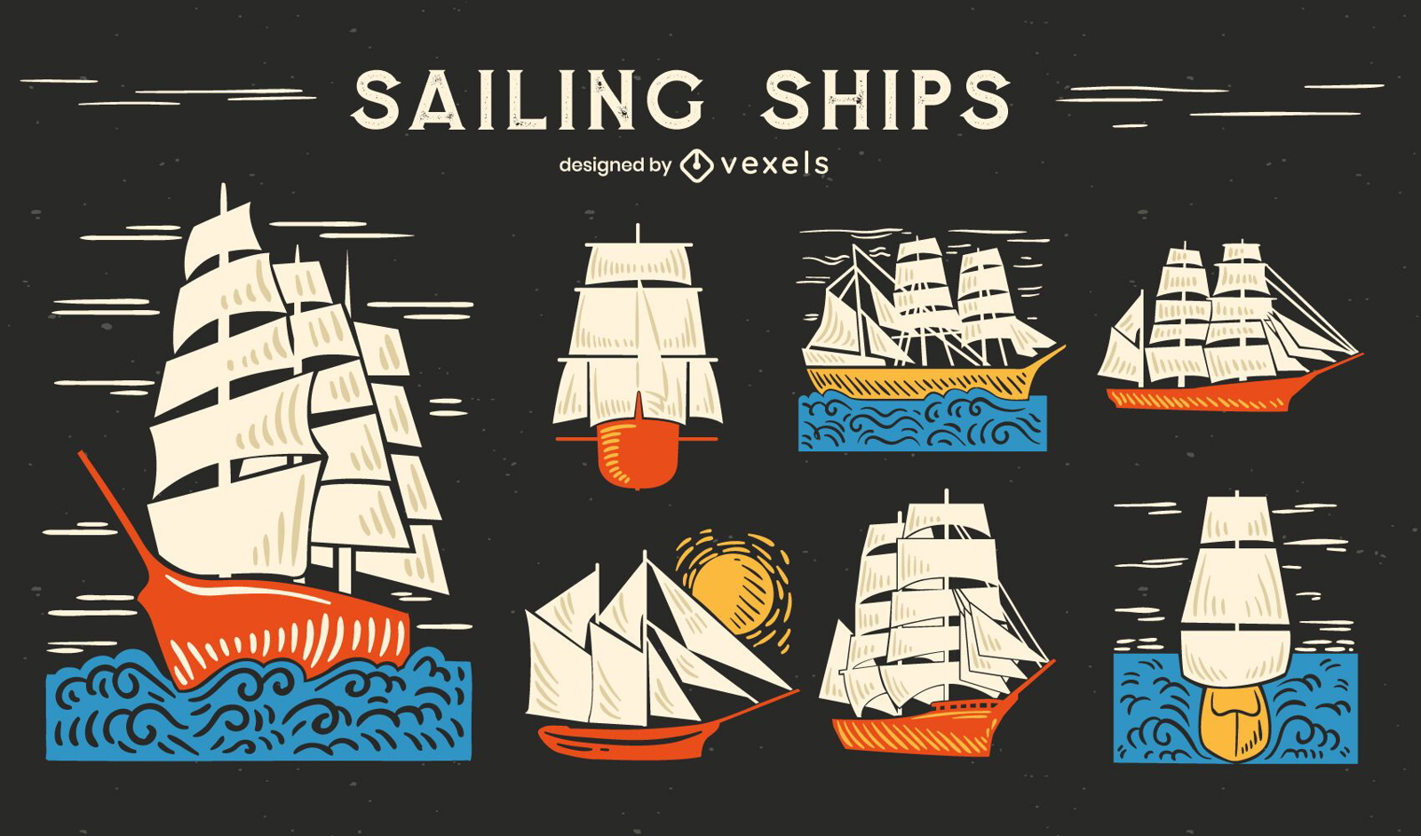 Handgezeichnetes Set des Segelbootschiffozeans