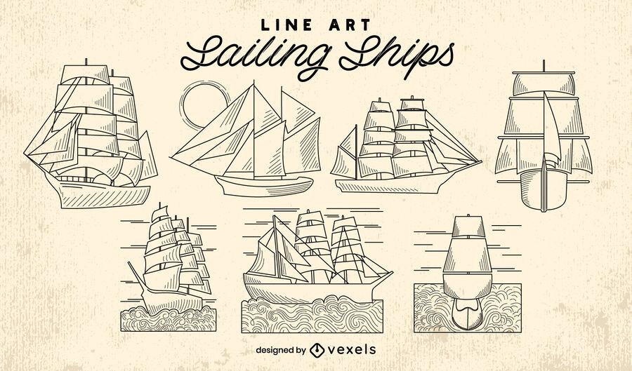Sailboat ships ocean line art set Sailboat ships ocean line art set