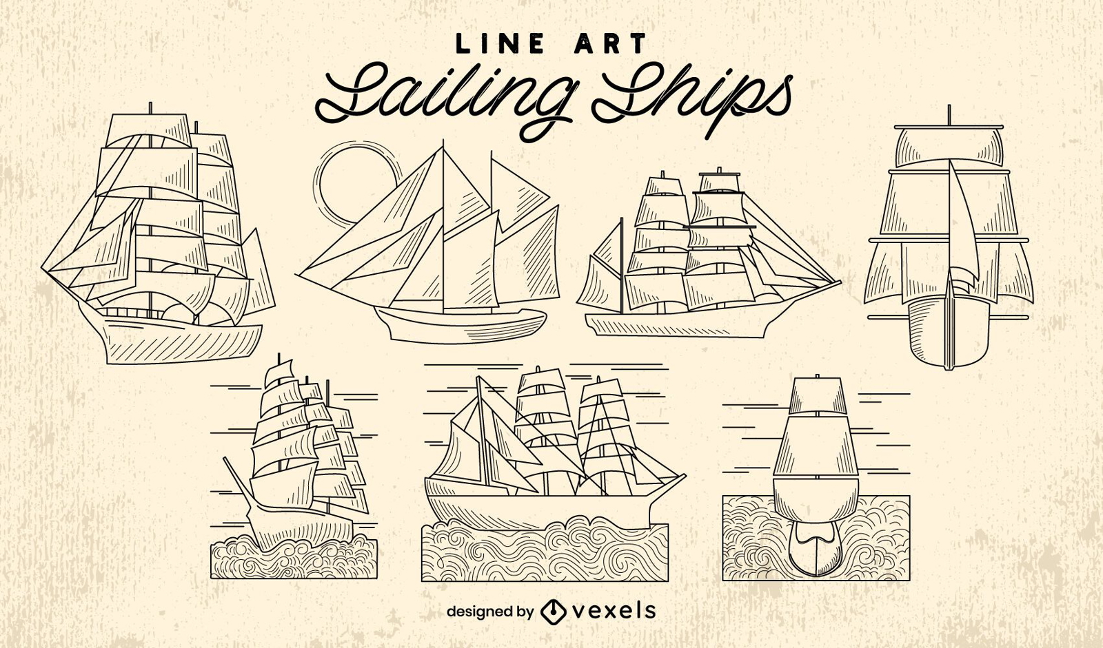 Velero barcos ocean line art set