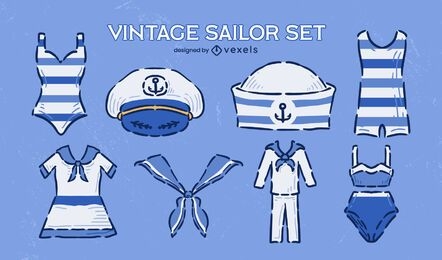 Conjunto de garabatos vintage de ropa de uniforme marinero