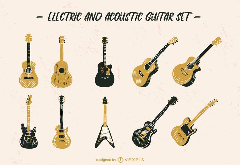 Guitar musical instrument hand-drawn set Guitar musical instrument hand-drawn set