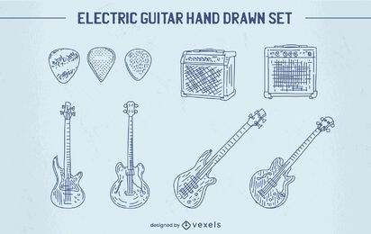 Conjunto de instrumentos de guitarra eléctrica dibujados a mano.